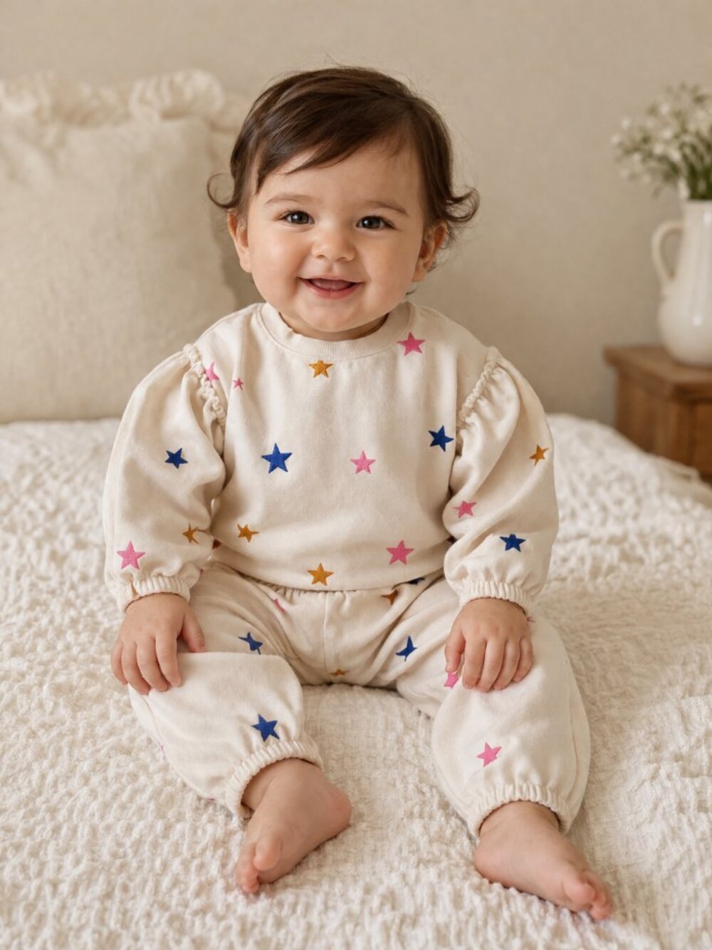 Old Navy Baby Girls Cream Multi-Color Star Sweatshirt & Joggers Set - Size 6-12M
